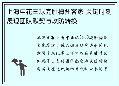 上海申花三球完胜梅州客家 关键时刻展现团队默契与攻防转换