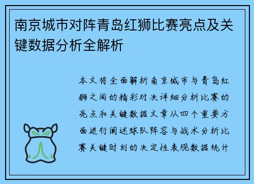 南京城市对阵青岛红狮比赛亮点及关键数据分析全解析